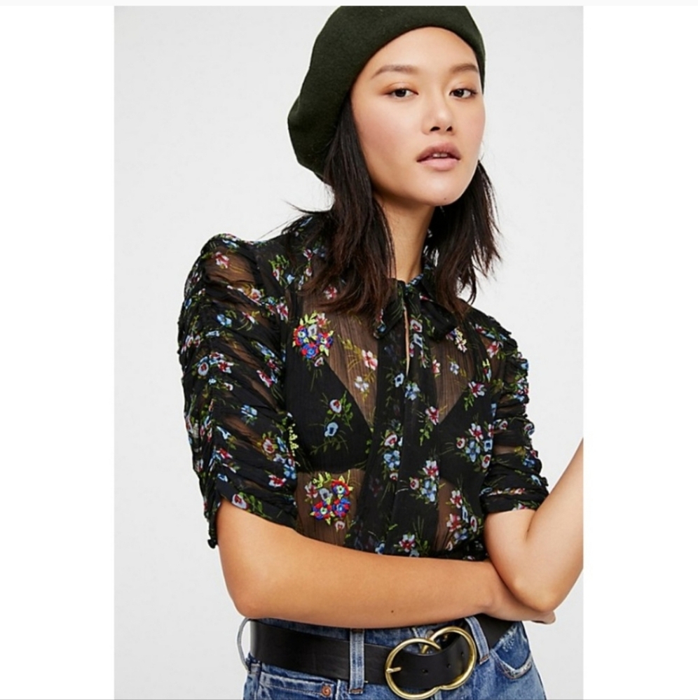 Free People Buttercup Embellished Button Down Sequin Top in Black